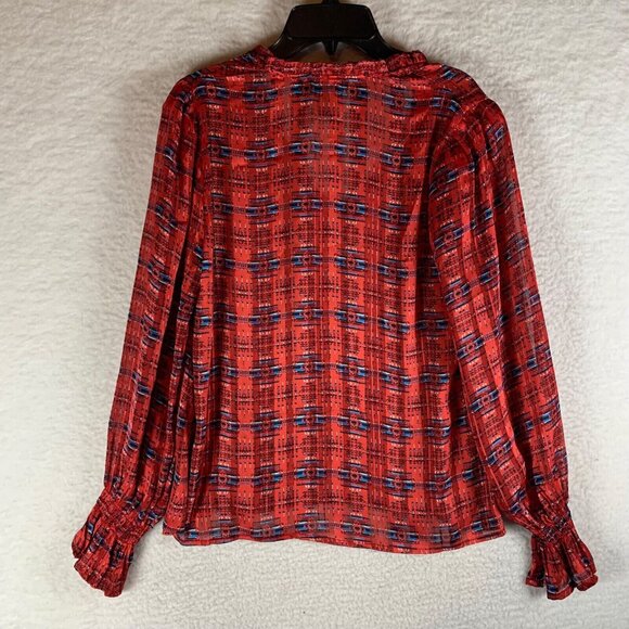 AQUA x Pendleton Womens Long Sleeve Smocked V-Neck Red Casual Blouse Size S 9740 - Picture 5 of 8
